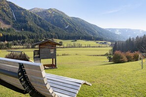 Un banc en bois se trouve dans un champ herbeux, avec une petite structure en bois en arrière-plan.