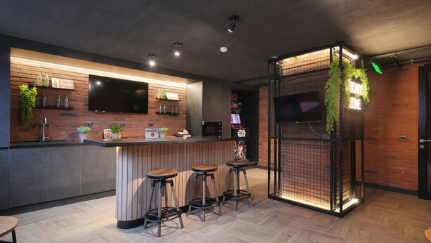 A modern bar area with a wooden counter, three stools, and a neon sign. - Modern and Cozy 1D1B Santiago Downtown Near Movistar Arena (Santiago)