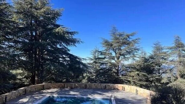 A swimming pool with a stone border, surrounded by trees and a clear blue sky. - Hotel El-Arz (Boghni)