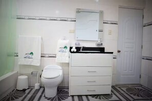 Hair dryer, towels, soap, toilet paper