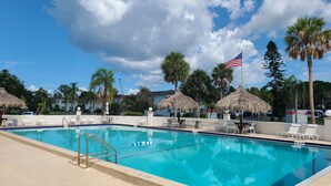 A swimming pool with lounge chairs and umbrellas, surrounded by palm trees and a clear sky.