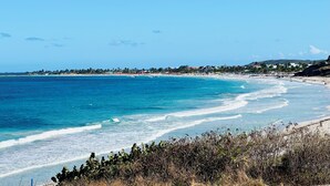 Une scène de plage côtière avec une eau d’un bleu limpide, des rivages sablonneux et une ville lointaine, avec ses bâtiments et sa végétation.