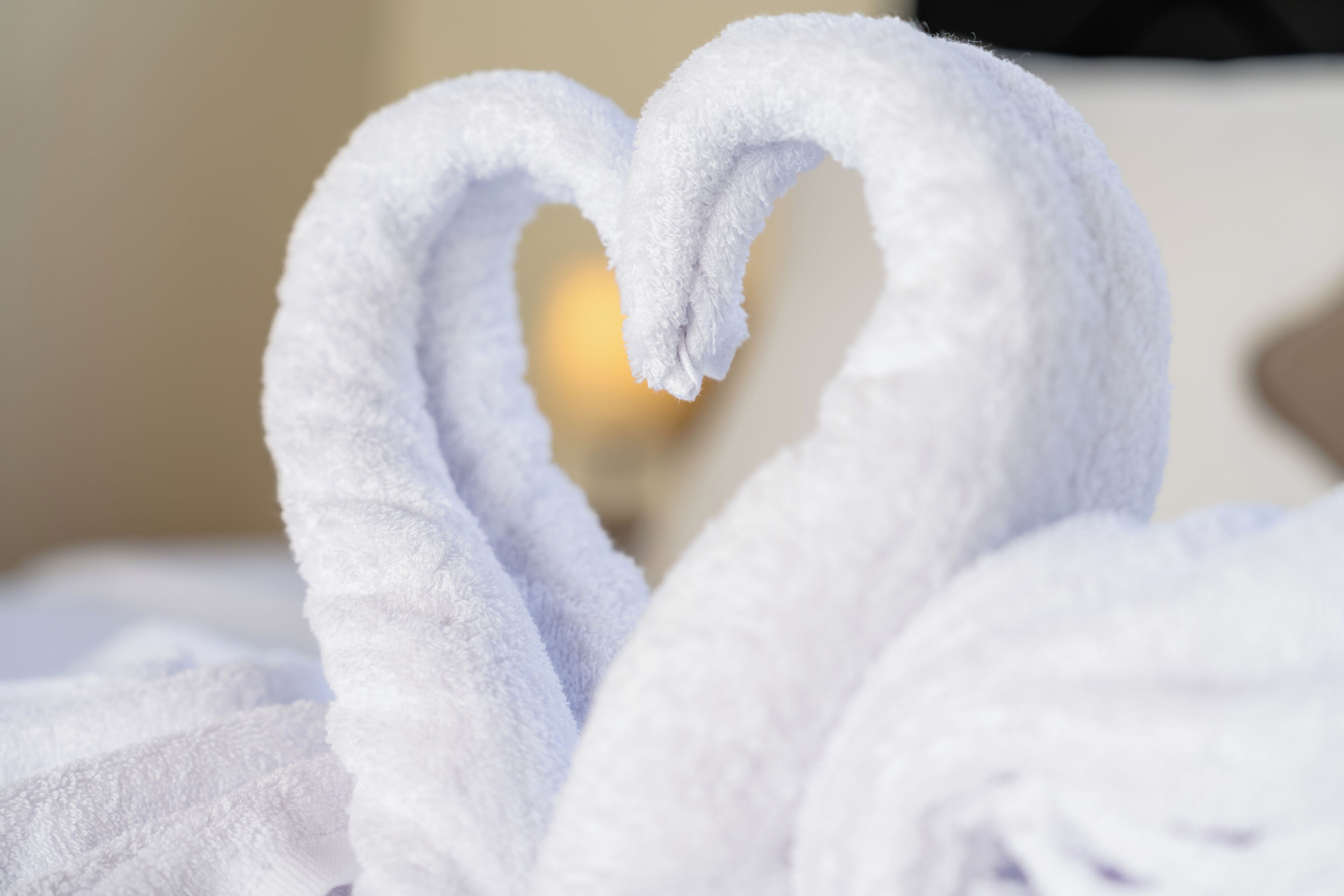 A heart-shaped towel arrangement on a bed.
