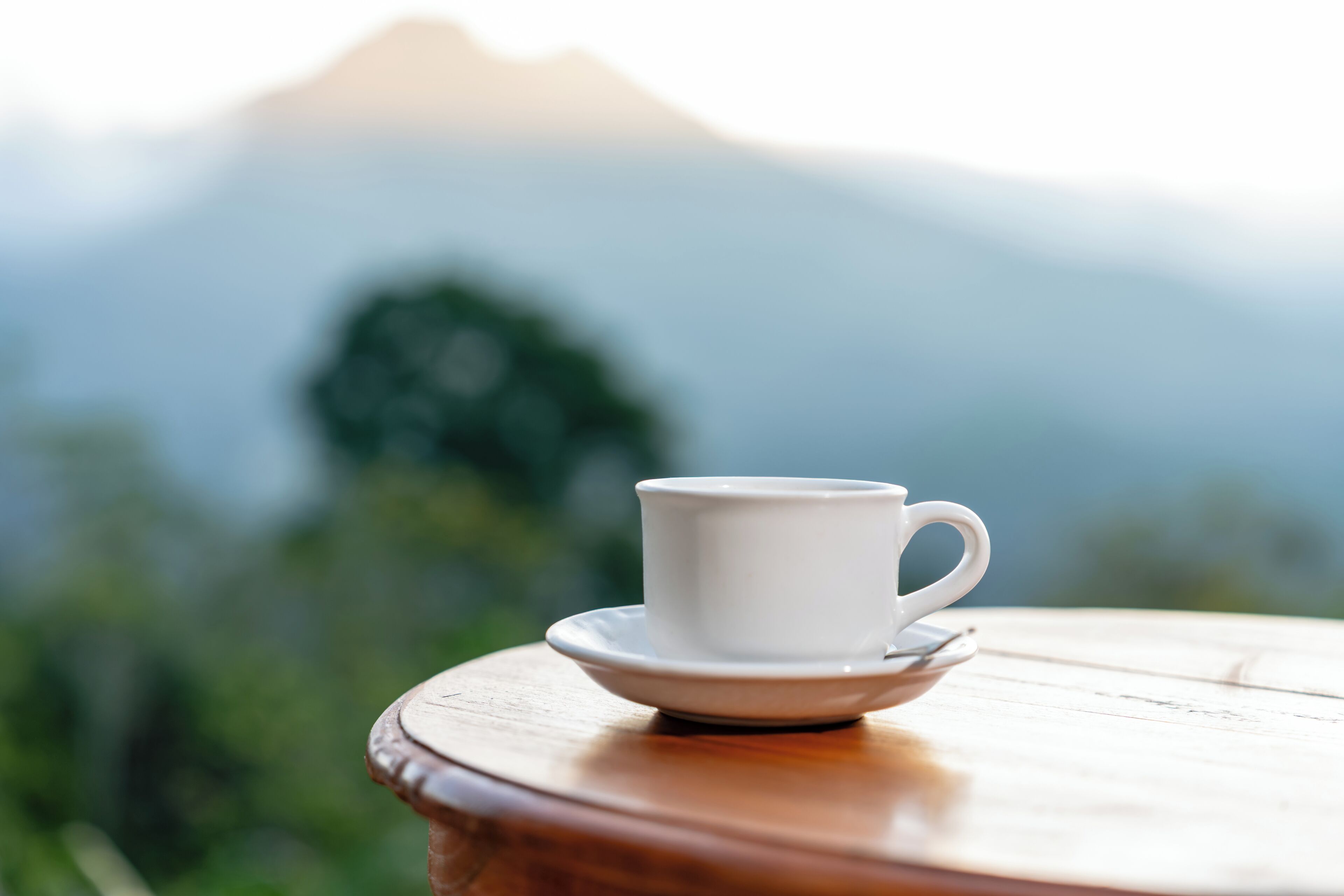 A white cup on a saucer on a wooden table with a blurred mountain view in the background.