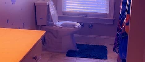 Hair dryer, towels, soap, toilet paper