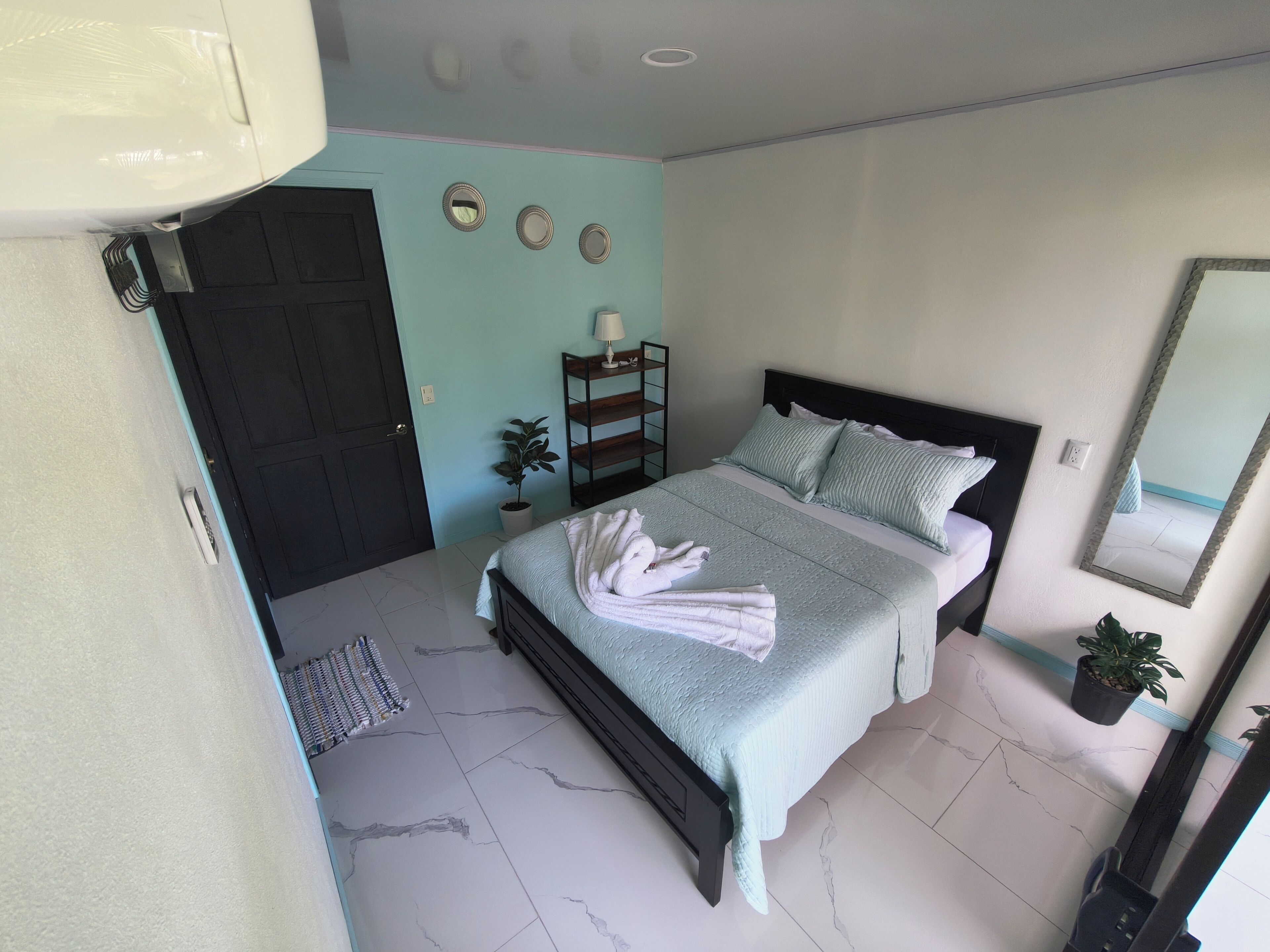 A bedroom with a bed, a door, a small shelf with a plant, and a mirror on the wall.