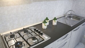 A kitchen with a gas stove, a sink, and cabinets.
