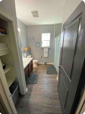 Secador de cabelo, toalhas de banho, sabonete, papel higiênico