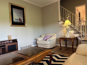 Smart TV, fireplace, books