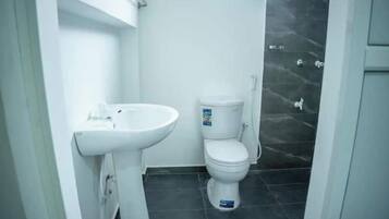 Un bagno con lavandino bianco, WC e zona doccia con piastrelle scure.