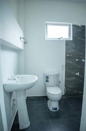 Regadera, toallas, jabón, papel de baño 