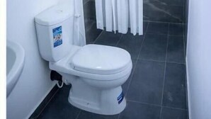 Un baño con inodoro, ducha con cortina y ventana.