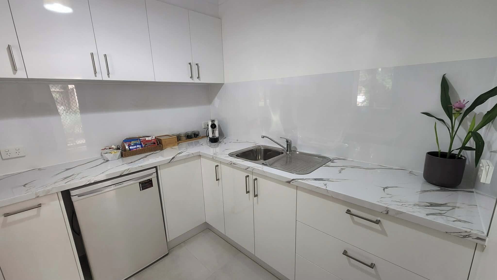 Una cocina con armarios blancos, un lavaplatos, un fregadero y una planta en maceta.