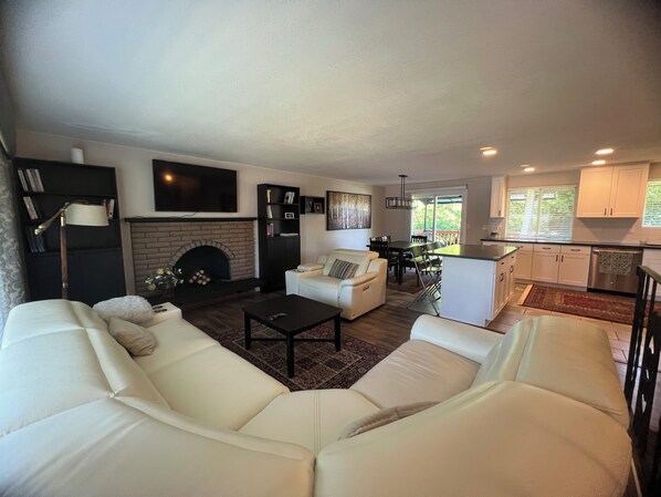 Fireplace, computer monitors