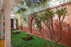 A courtyard with a brick wall, green grass, and hanging plants.