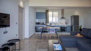 A modern apartment with a living room, dining area, and kitchenette. - villa Marina kalamiktsi lefkada (Kalamitsi)