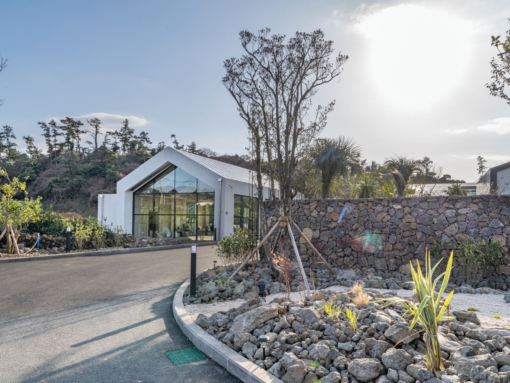 A modern building with a glass facade, a stone wall, and a landscaped garden with rocks and plants.