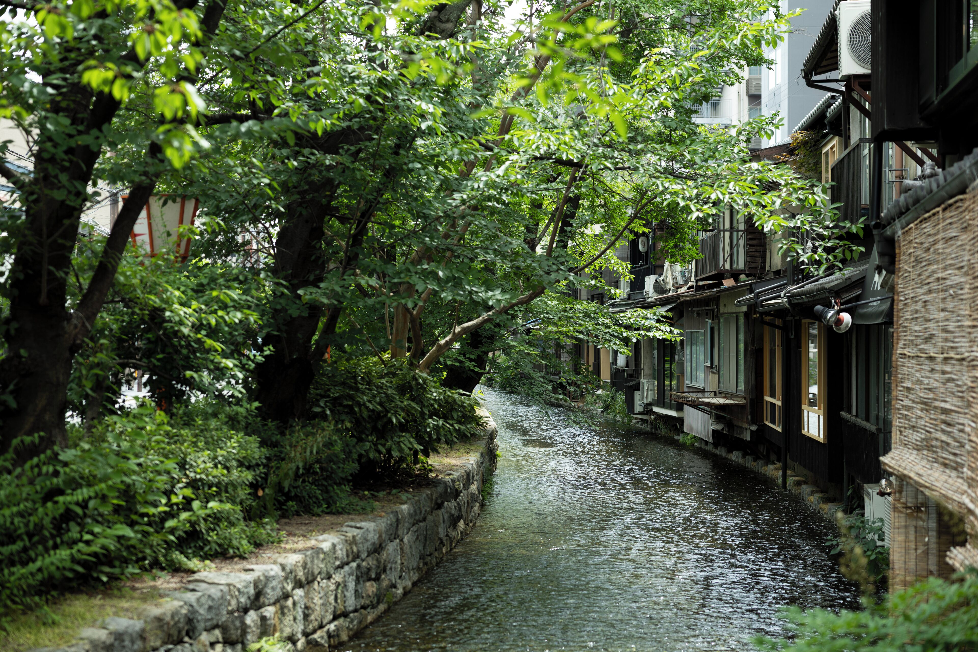 A narrow waterway flanked by traditional buildings with wooden facades and tiled roofs.