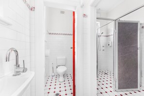 Shower, towels, soap, toilet paper