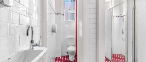 Douche, serviettes fournies, savon, papier de toilette