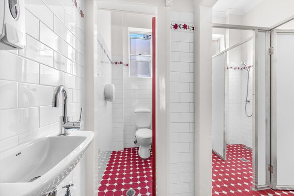 Shower, towels, soap, toilet paper