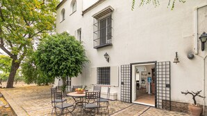 A courtyard with a table and chairs, a potted tree, and a building entrance.