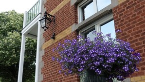 Ein Backsteinhaus mit einem Steinkasten, der violette Blumen enthält.