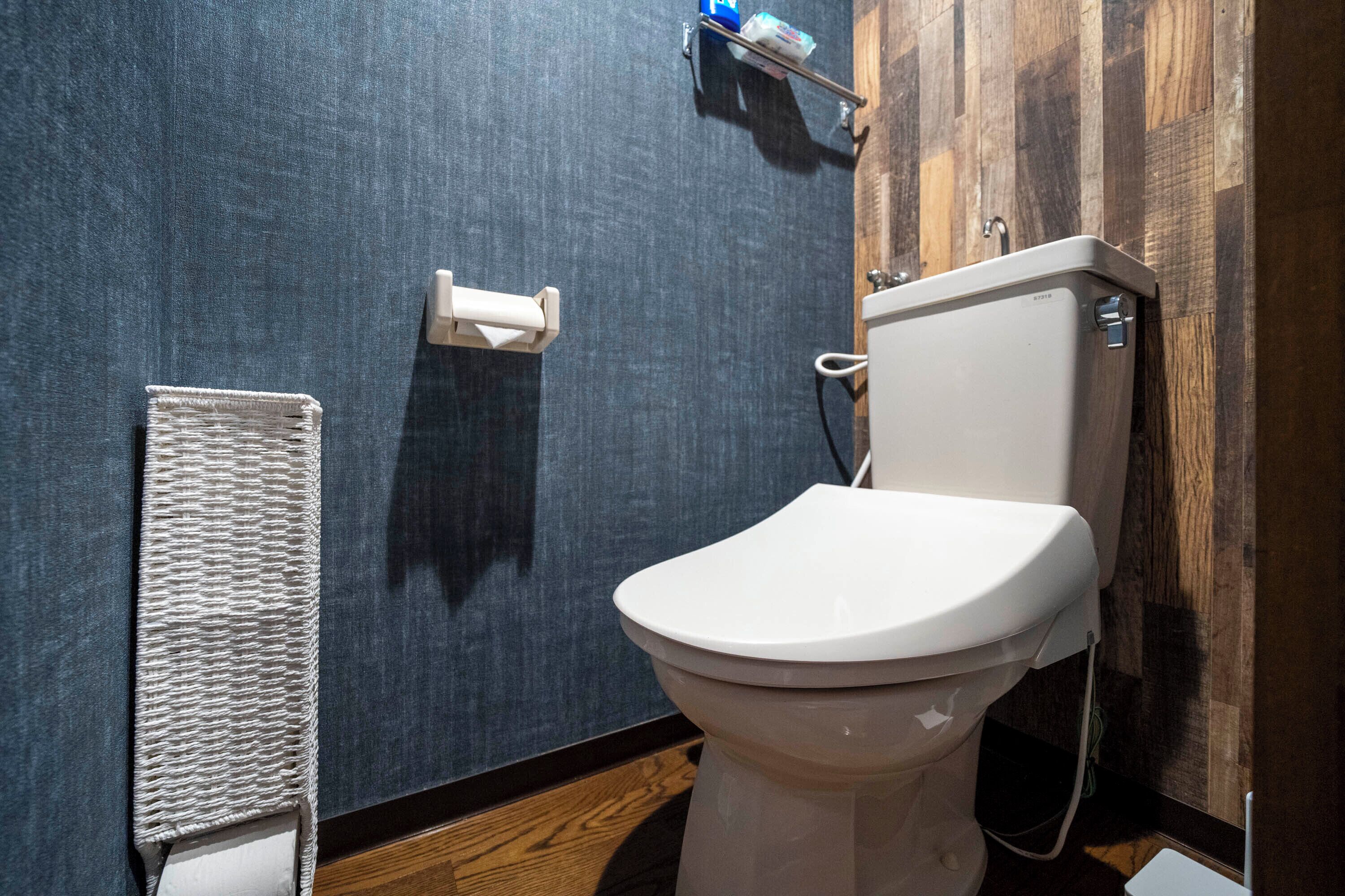 A modern bathroom with a toilet, a towel rack, and a hand dryer.