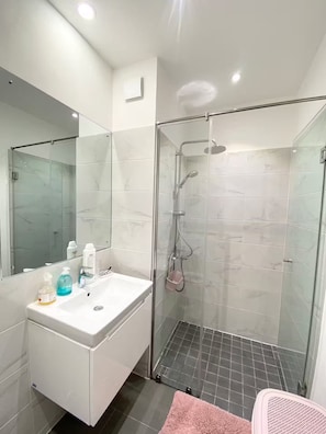 Shower, hair dryer, towels, soap