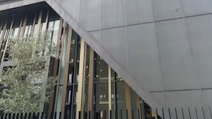Un bâtiment moderne à la façade géométrique, doté de grandes fenêtres et d’un arbre bien visible à l’avant.