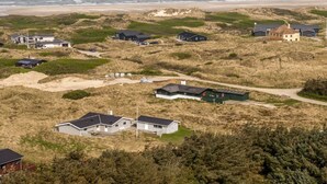 Vista aérea de una zona residencial costera con casas, dunas de arena y una playa.