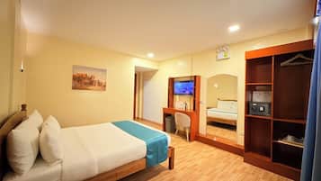 In-room safe, desk, laptop workspace, blackout curtains