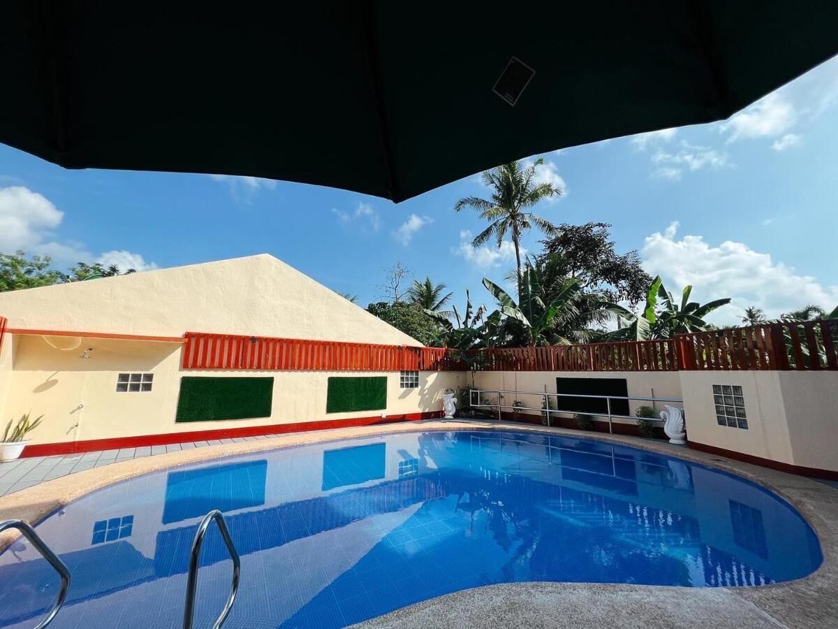 A swimming pool with a red roof and a white wall, surrounded by a fence and palm trees.