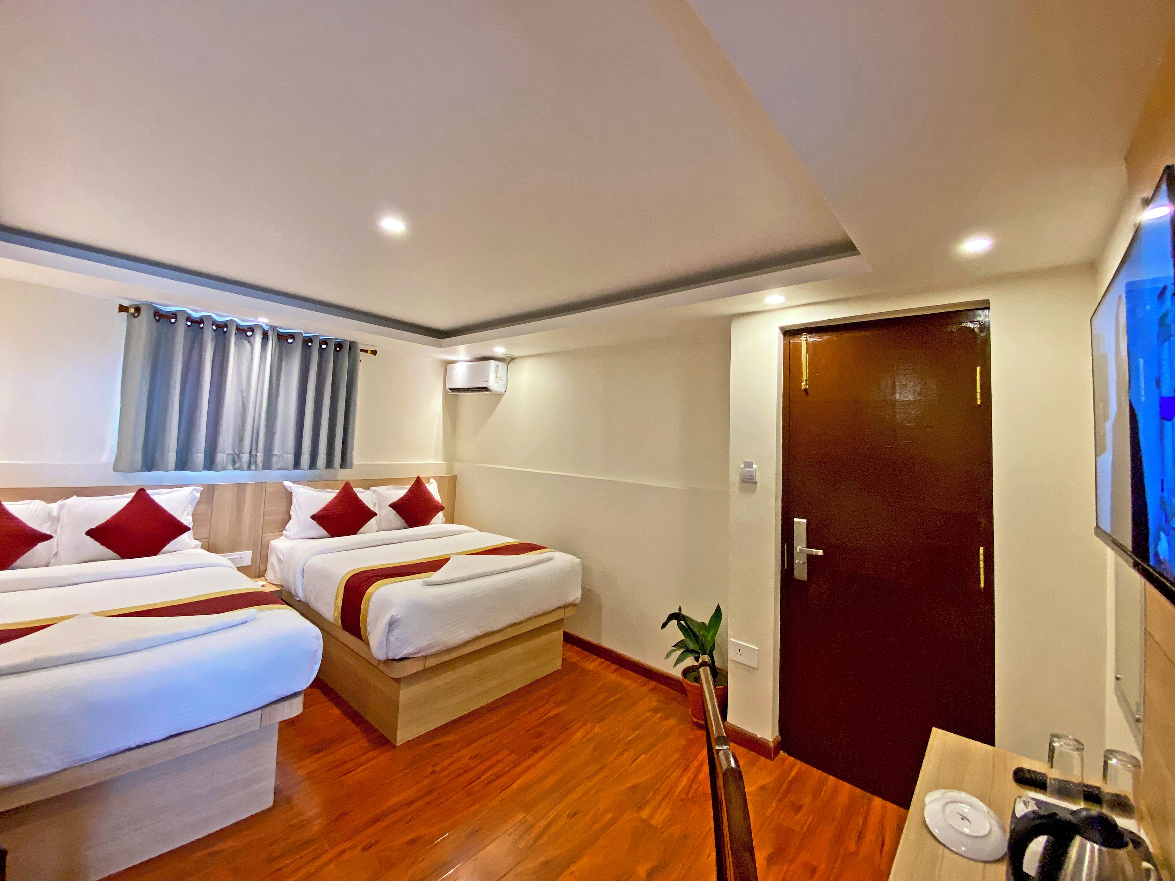 A hotel room with two beds, a wooden floor, a TV, a desk with a chair, and a potted plant.