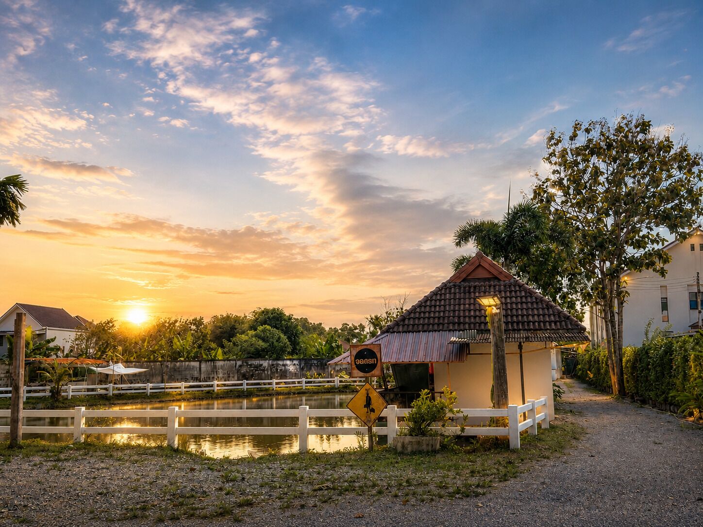 A tranquil riverside setting with a small building, a pedestrian crossing sign, and a white fence.
