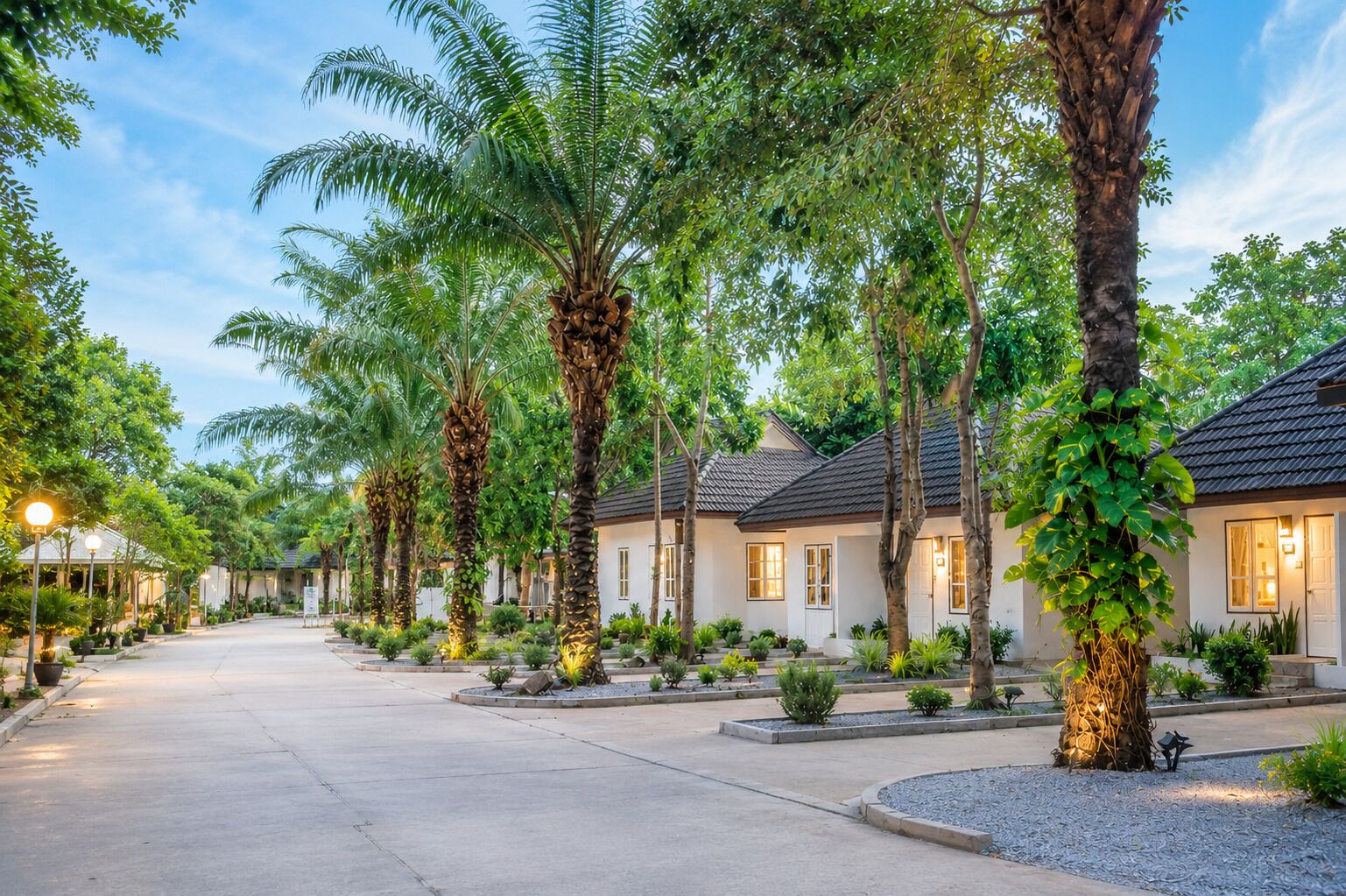 Un barrio residencial con varias casas, un camino de entrada pavimentado y jardines bien cuidados.