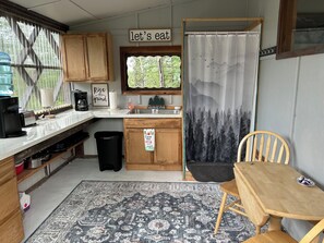 Fridge, microwave, stovetop, coffee/tea maker