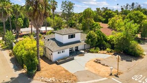 A two-story house with a patio, surrounded by palm trees and other greenery.