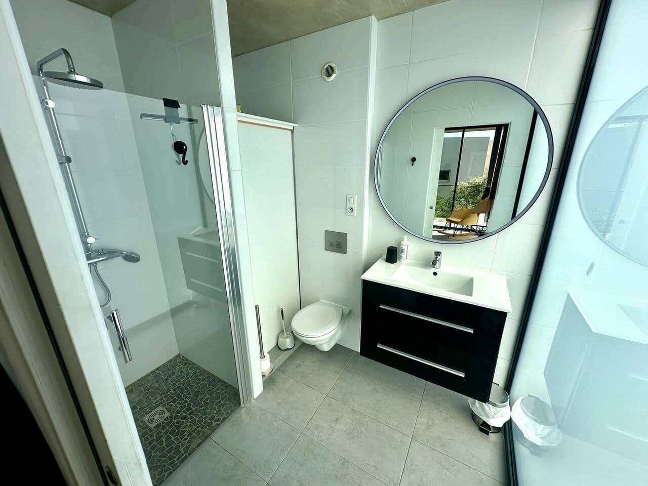 A modern bathroom with a glass shower enclosure, a toilet, and a vanity with a mirror.