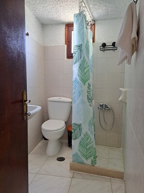 Hair dryer, towels, soap, shampoo