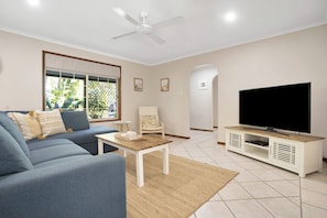 Smart TV, DVD player, books, computer monitors