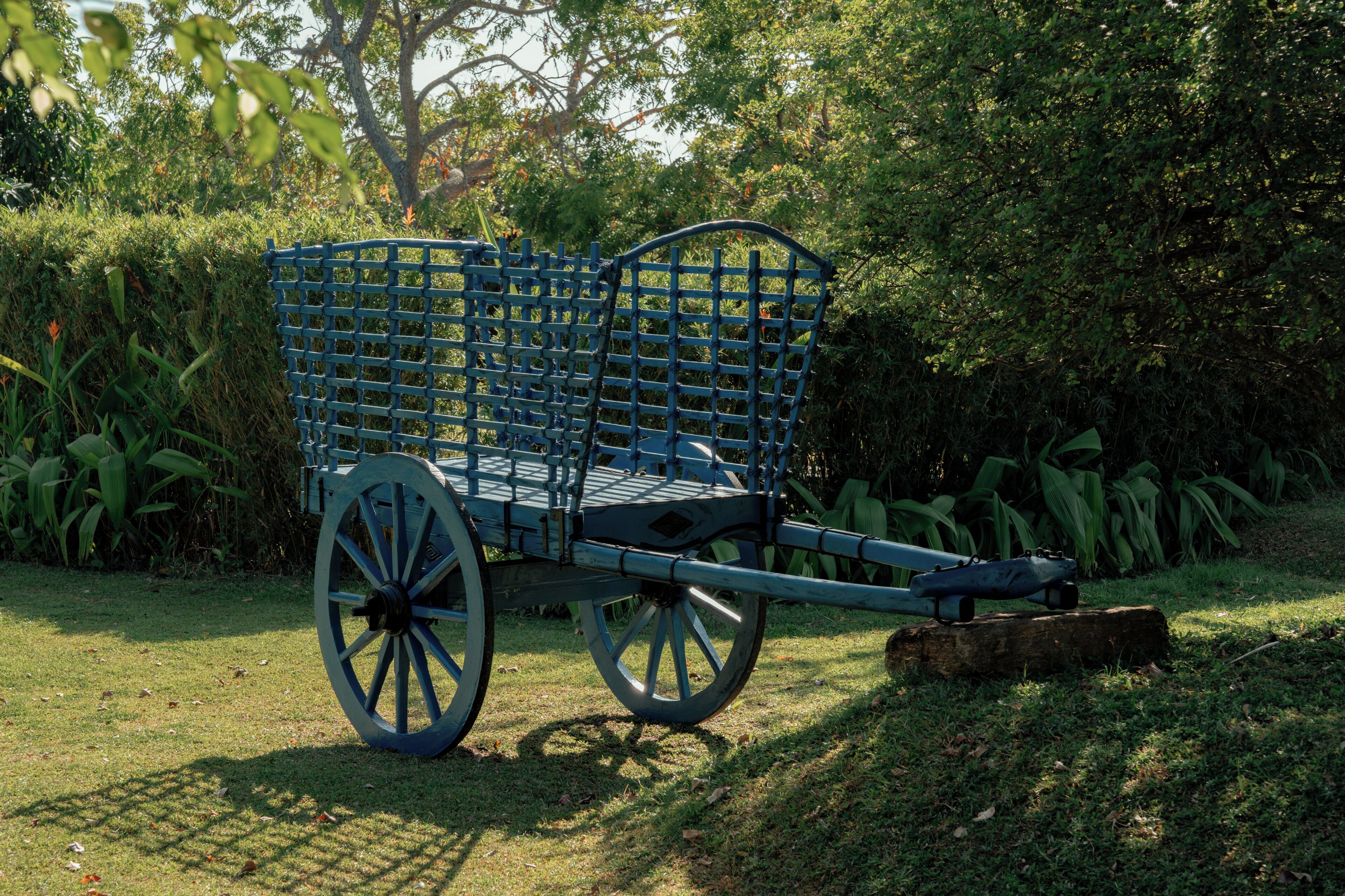 Un chariot en bois bleu, doté d’un dossier ajouré, est placé sur de l’herbe, avec un feuillage dense en arrière-plan.