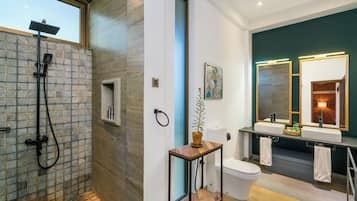 Deluxe King Suite | Bathroom | Free toiletries, hair dryer, towels, soap