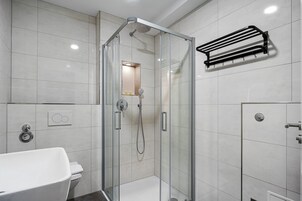 Hair dryer, slippers, towels, soap