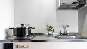 Une cuisine équipée d’une cuisinière, d’un évier et d’une petite plante en pot.