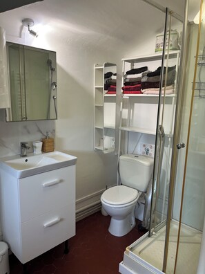 Shower, hair dryer, towels, soap