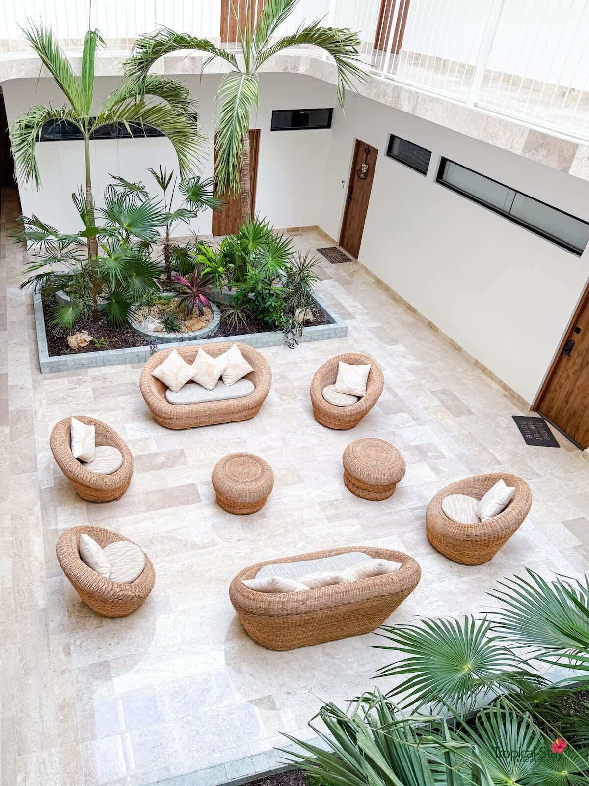 A modern indoor space with a seating area featuring wicker furniture and a variety of tropical plants.