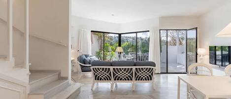 TV connectée, cheminée, livres