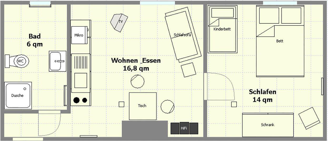 A hotel layout with a bathroom, kitchen, living room, dining area, and two bedrooms.