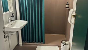 A bathroom with a sink, mirror, shower, and toilet.